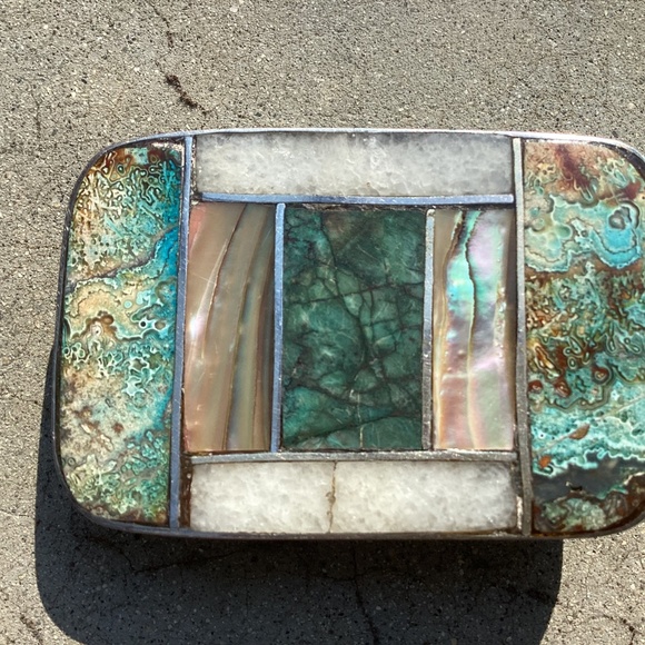 Vintage Silver Turquoise Mother Of Pearl Quartz Stones Inlay Belt Buckle - Picture 13 of 14
